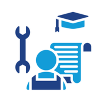 Icon representing apprenticeship showing a wrench, a grad cap, a paper certification, and a person