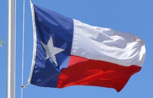 The Texas Flag raised on a flag pole and flutters in the wind.