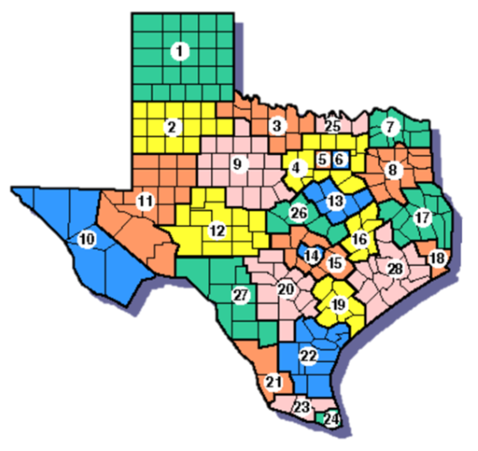 A map of Texas with the 28 Workforce Boards identified