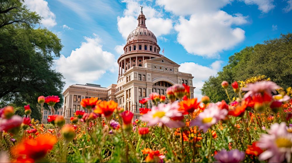Texas Capitol building and wildflowers