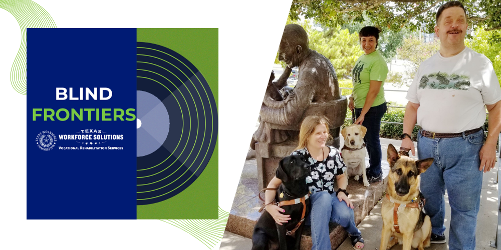 Blind Frontiers Episode 2 image of CCRC staff with guide dogs