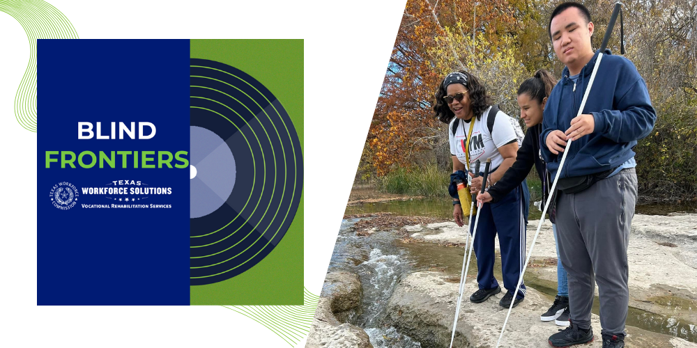 Blind Frontiers Episode 3 photo of students with white canes at a creek