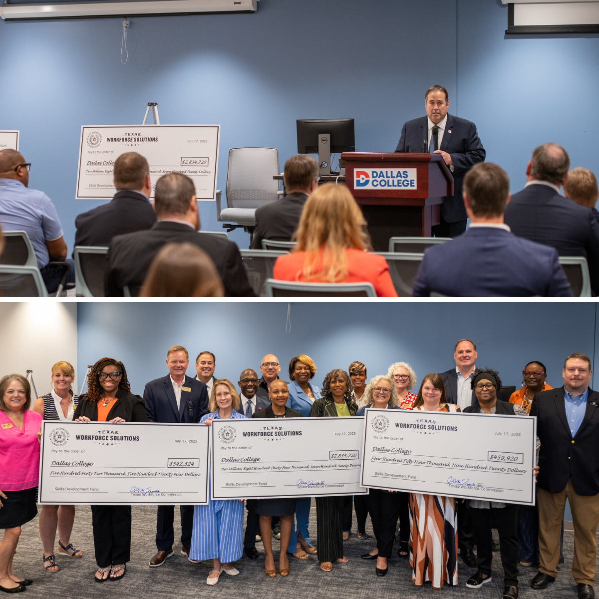 TWC Commissioner Representing Labor Alberto Treviño III presents three ceremonial grant checks to local partners.