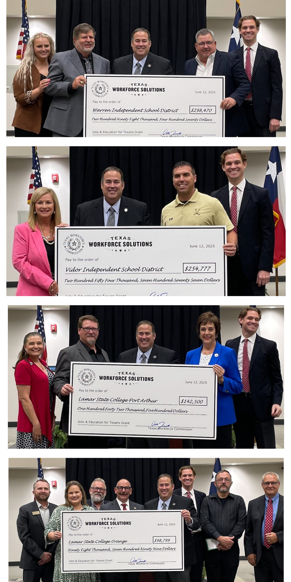 TWC Commissioner Representing Labor Alberto Treviño III presents ceremonial big checks to local partners.