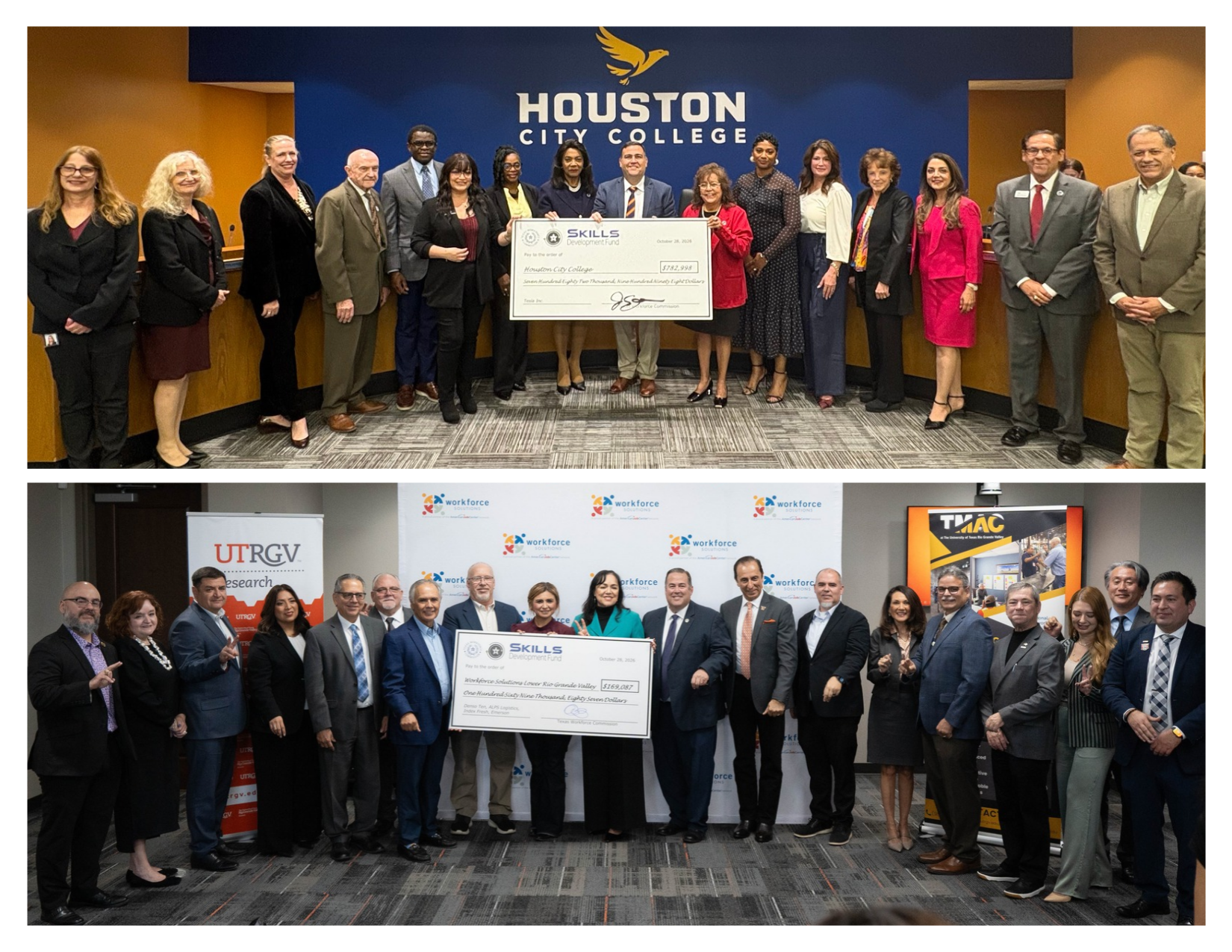 Top: TWC Chairman Joe Esparza and local partners attend a big check ceremony. Bottom: TWC Commissioner Representing Labor Alberto Treviño III and local partners attend a big check ceremony.