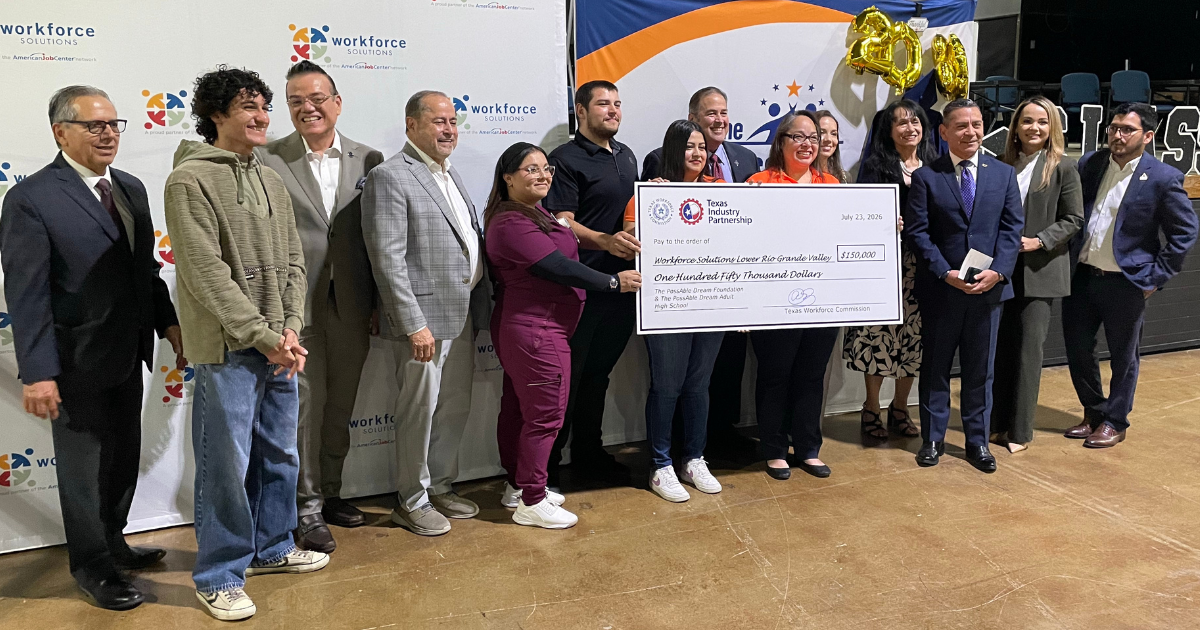 TWC Commissioner Representing Labor Alberto Treviño III and local partners attend big check ceremony. 