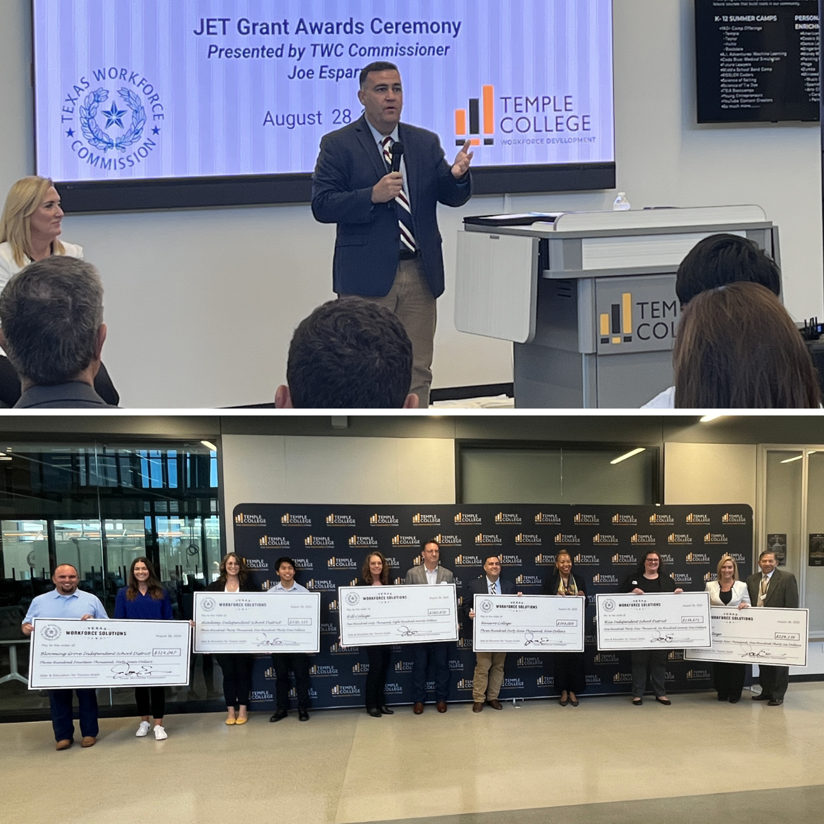 Collage with two photos. The top photo shows Commissioner Esparza speaking next to a podium, and the bottom photo shows Commissioner Esparza and local partners holding up their ceremonial JET grant checks.
