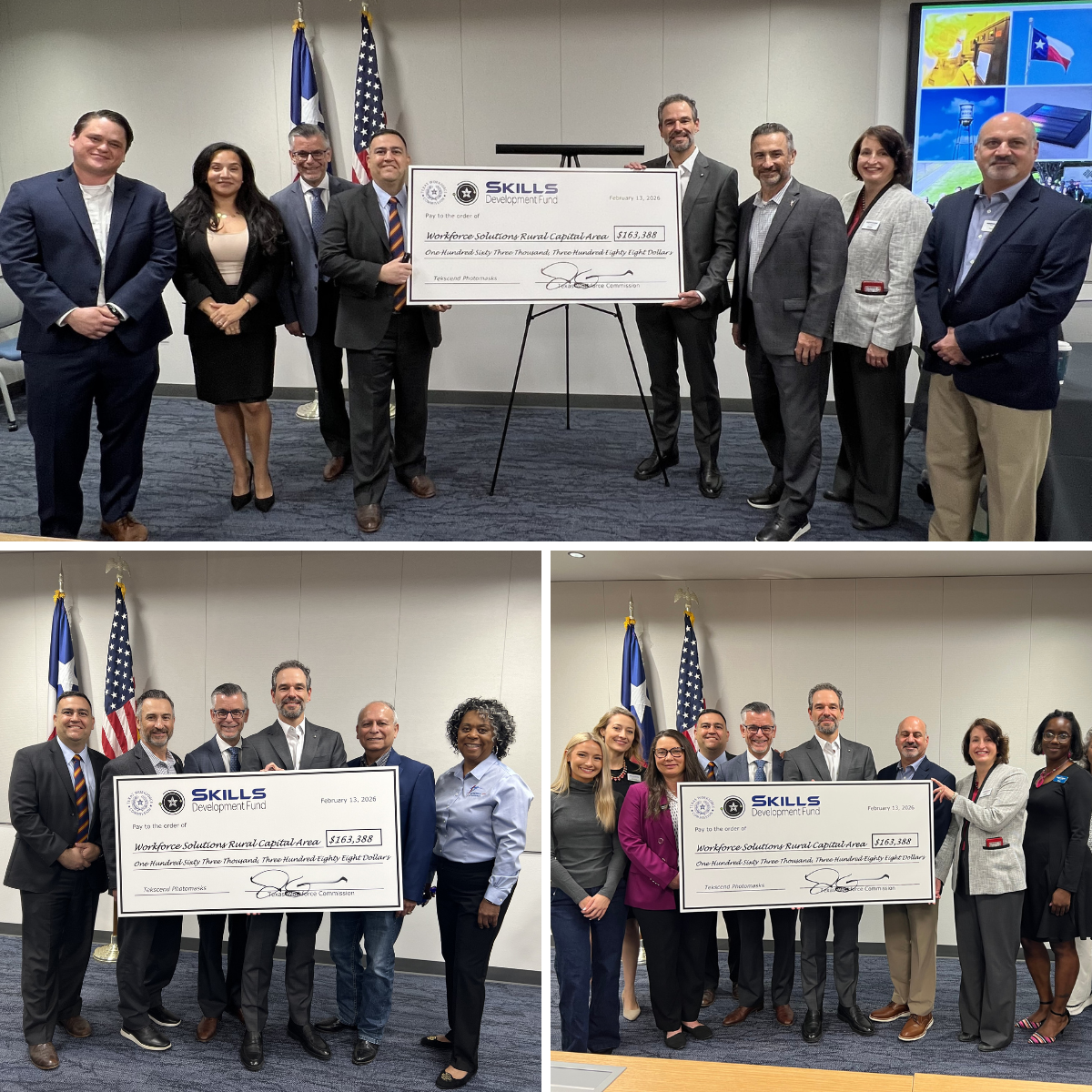 Collage featuring TWC Chairman Joe Esparza and local partners at grant presentation ceremony. 