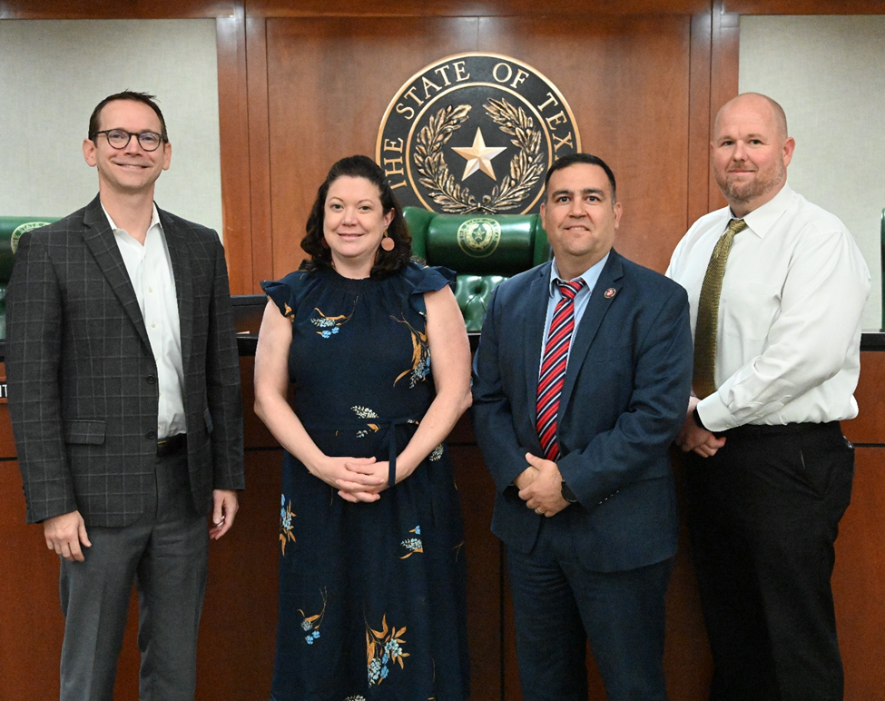 Pictured above: (From left to right) TEA Commissioner Mike Morath, HHSC Chief Policy and Regulatory Officer Jordan Dixon, TWC Chairman Joe Esparza, and DFPS Director of Child Care Investigations Clint Cox at the inaugural Quad Agency meeting.   
