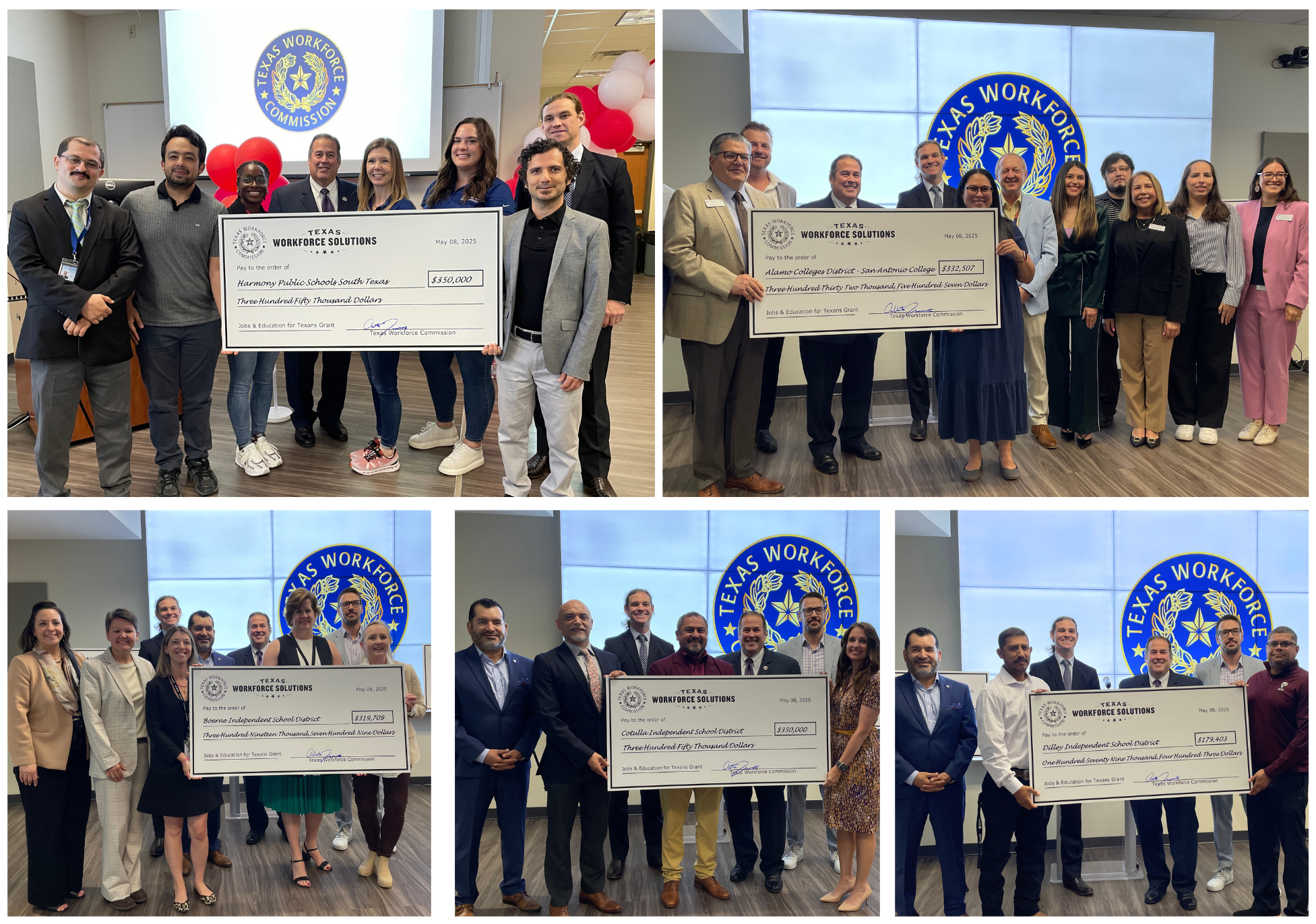 Collage of five pictures showing TWC Commissioner Representing Labor Alberto Treviño III presenting ceremonial checks to each grantee