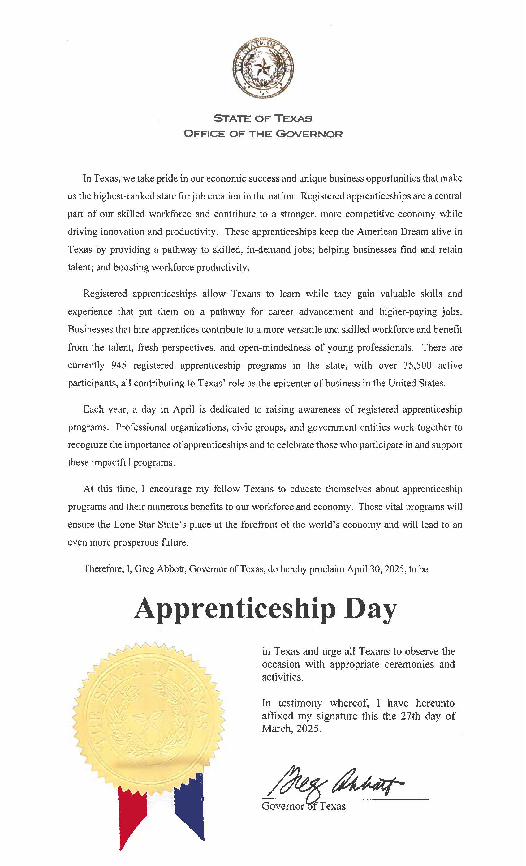 Texas Governor Greg Abbott's Apprenticeship Day Proclamation issued March 27, 2025.