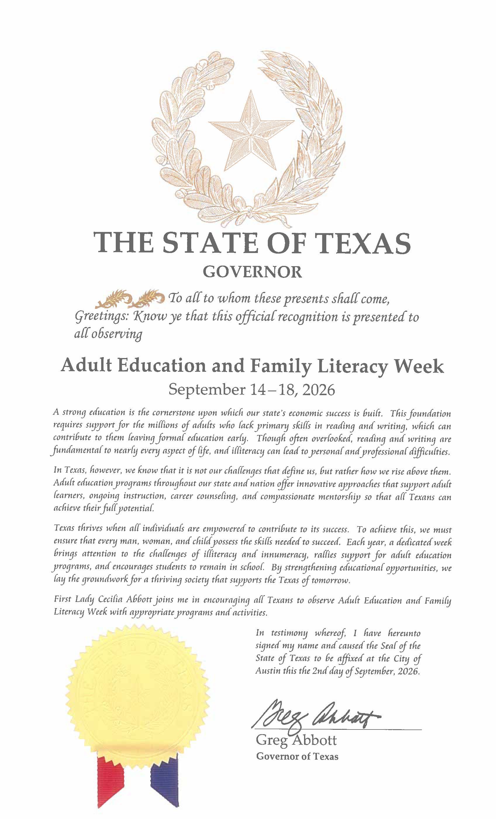 Thumbnail of Governor Greg Abbott's Adult Education and Family Literacy Week 2026 Proclamation