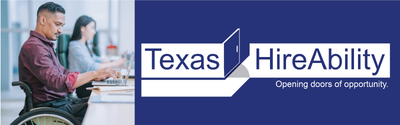 Man in a wheelchair using a computer paired with the Texas HireAbility logo