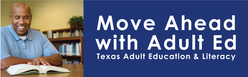 Man reading in a library paired with the Move Ahead with Adult Ed logo