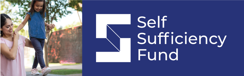 Mother helping her daught up on a ledge paired with the Self Sufficiency Fund logo