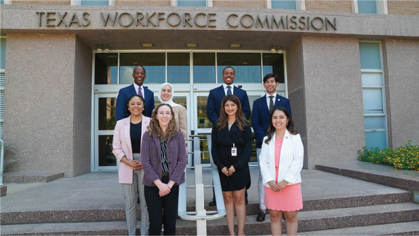 TWC interns posing outside the Texas Workforce Commission office