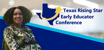 A female attendee at the 2024 Texas Rising Star Early Educator conference next to the TRS logo.