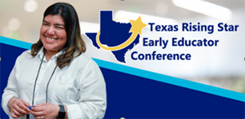 An attendee are the 2024 Texas Rising Star Early Educator conference next to the TRS logo.