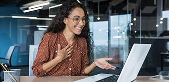 A woman doing an online interview.