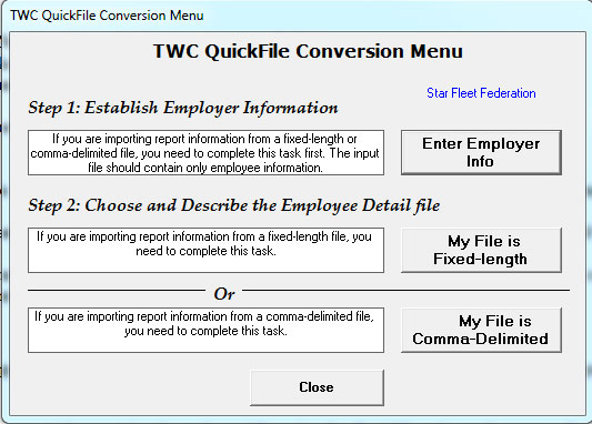 Quick File Conversion Menu - Establish Employer Info