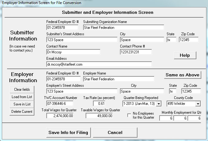 Submitter and Employer Information Screen