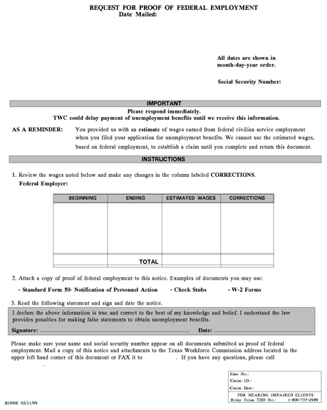 Request for proof of federal employment form