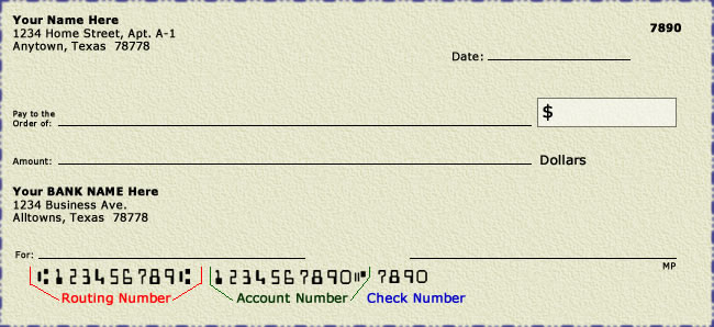 Bank check showing the nine digit routing number at the bottom left of the check, followed by the account number, and then the check number.