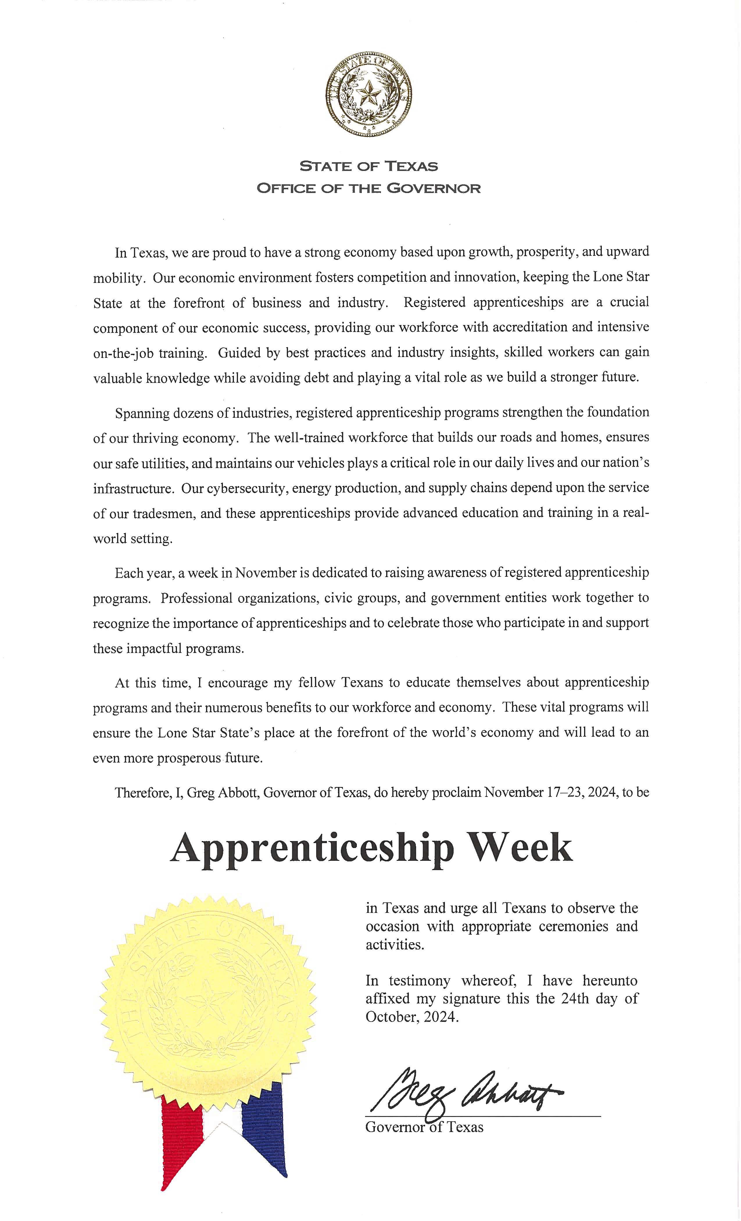 Texas Governor Greg Abbott's Apprenticeship Week Proclamation issued October 24, 2024.