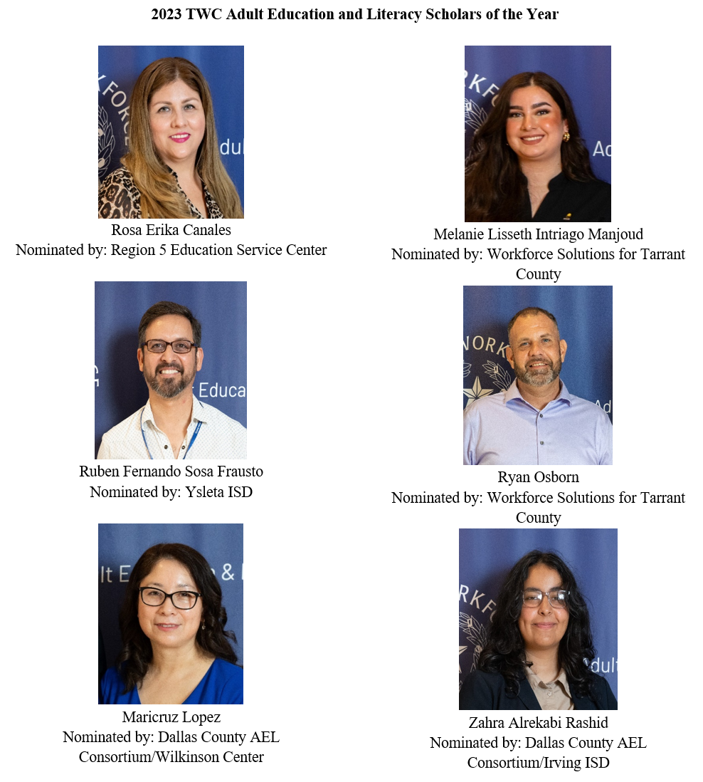 Headshots of the 2023 TWC Adult Education and Literacy Scholars of the Year