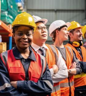 Workers standing with arms crossed in a factory warehouse.