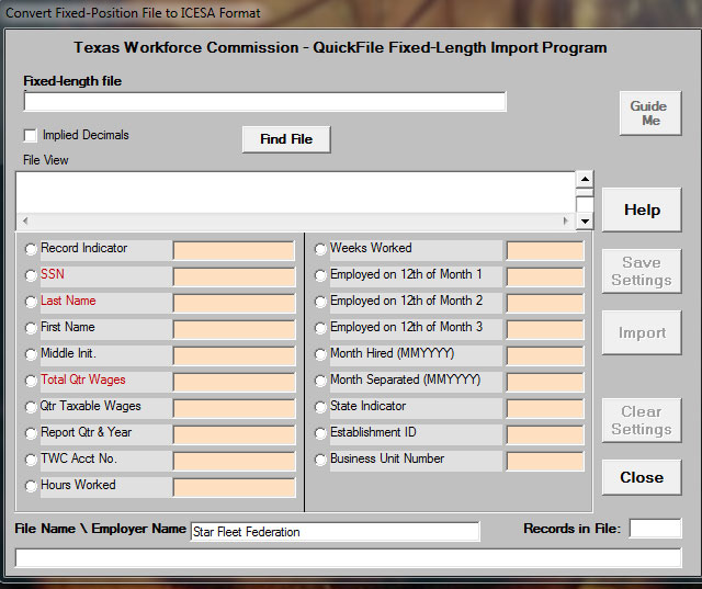 QuickFile Fixed Length Import Screen